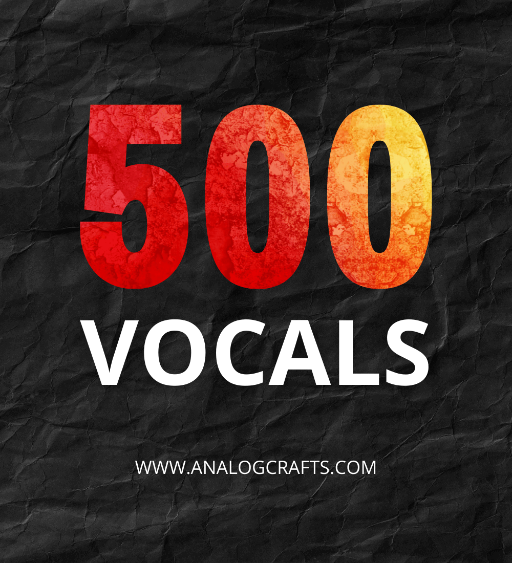 500 Vocals Bundle - vibrant graphic showcasing 500 vocal samples for music tracks.