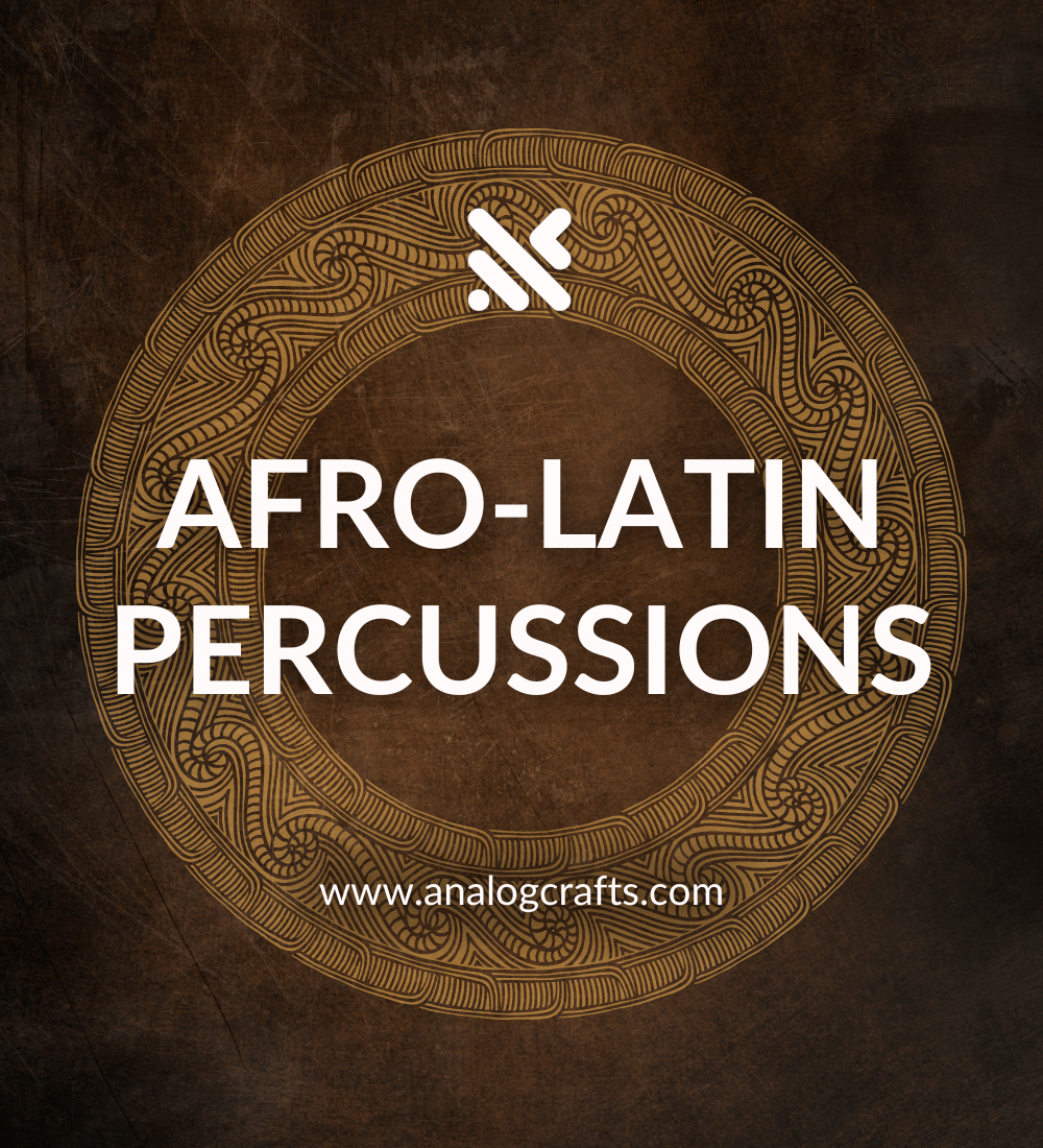 Afro-Latin Percussion Bundle showcasing dynamic rhythms and diverse instrument textures in a textured background.