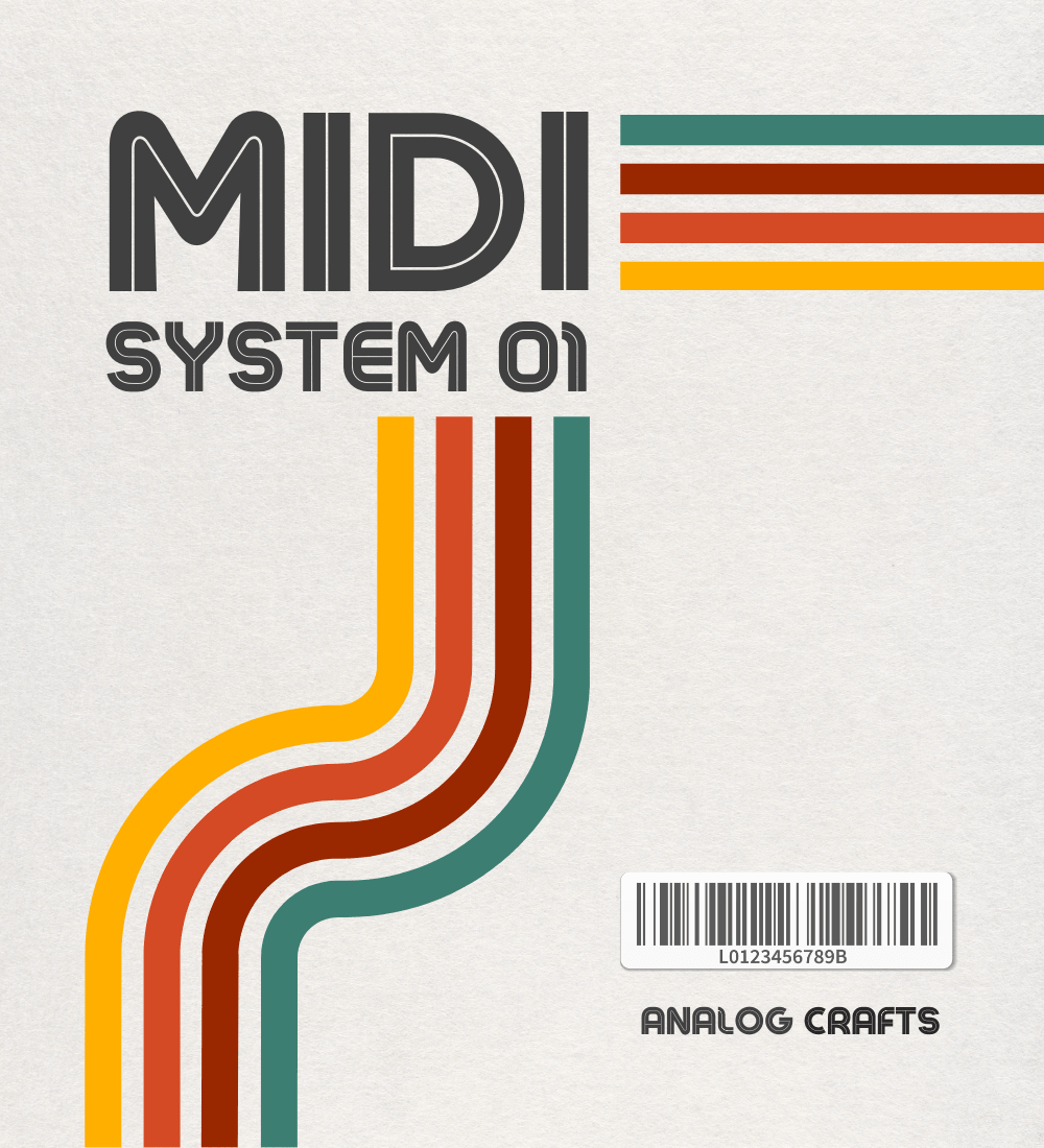 MIDI System 01 product cover featuring colorful stripe design and retro typography from Analog Crafts.
