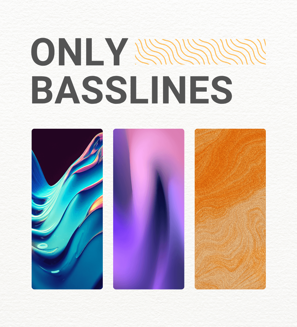 Only Basslines showcases vibrant abstract designs, representing a collection of bass loops and one-shots for music producers.