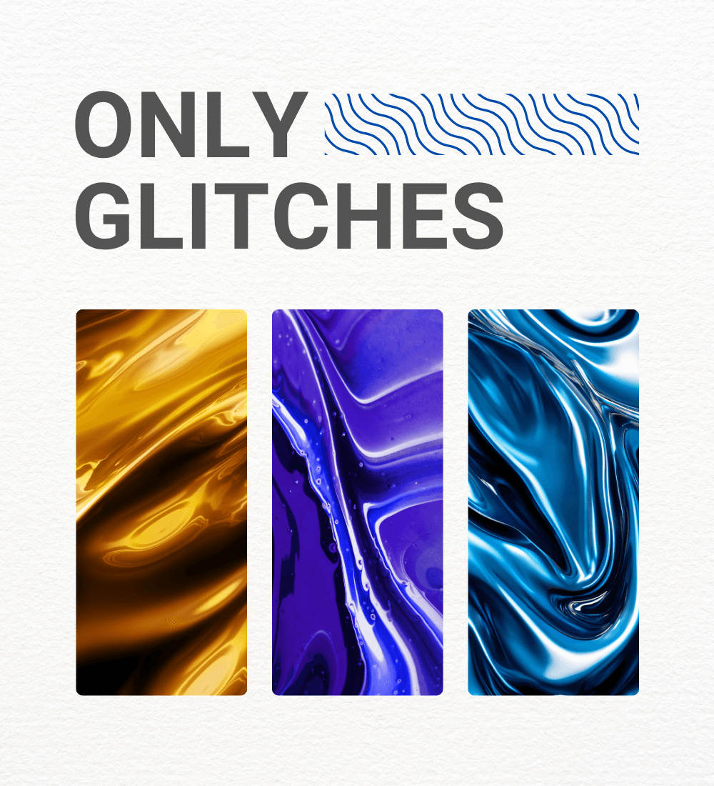 Only Glitches image featuring three vibrant textures in gold, purple, and blue for electronic music creation.