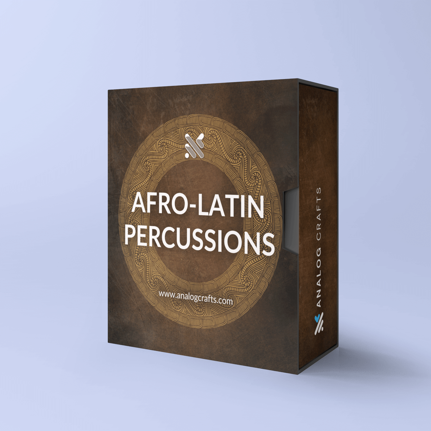 Afro-Latin Percussion Bundle packaging featuring intricate design and logo from Analog Crafts.