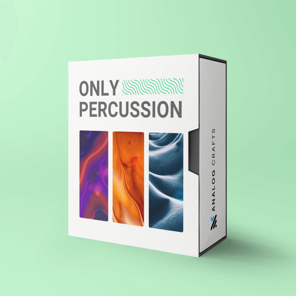 Only Percussion product box showcasing an extensive collection of percussion sounds and loops.