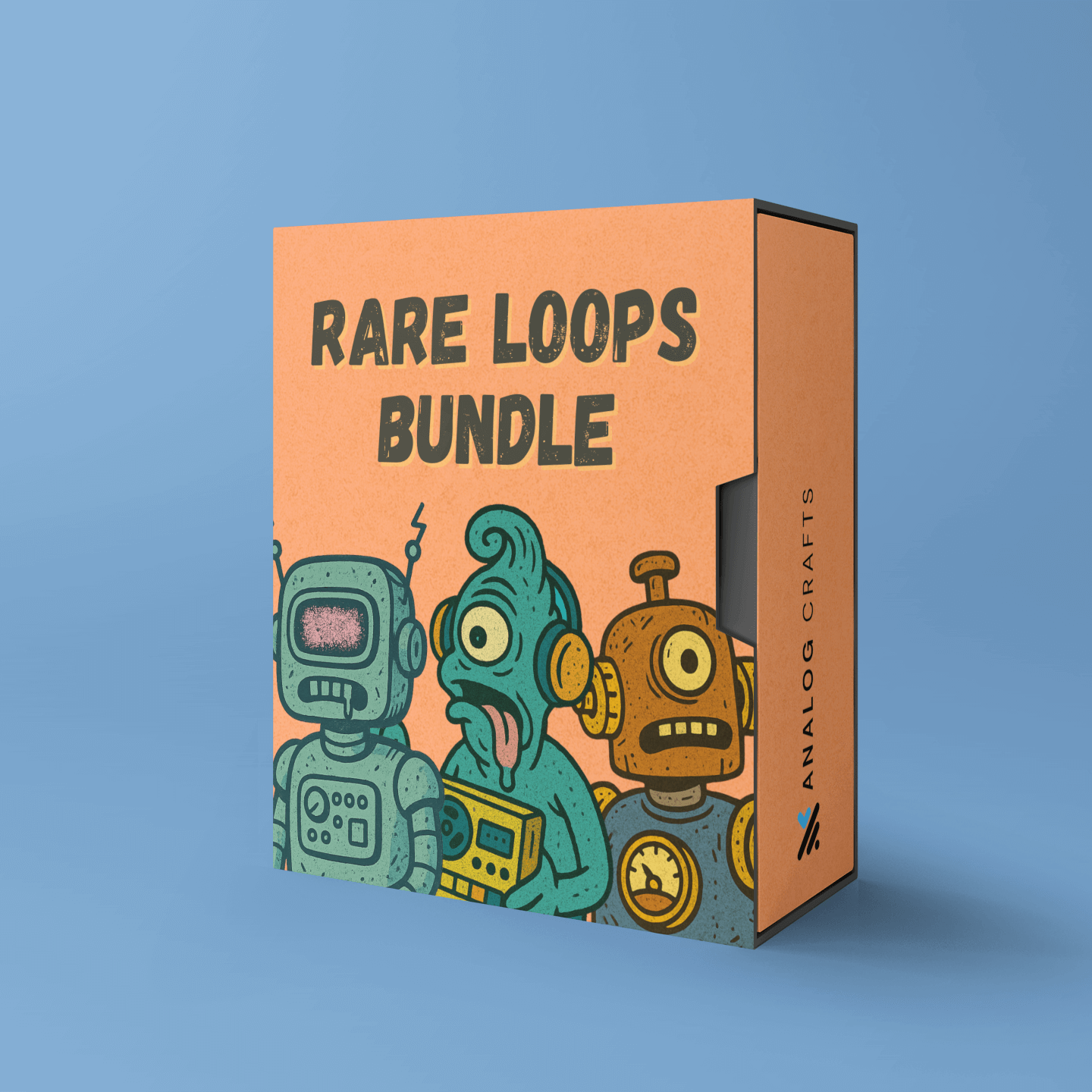 Packaging design of the Rare Loops Bundle featuring quirky robot characters on a vibrant background.