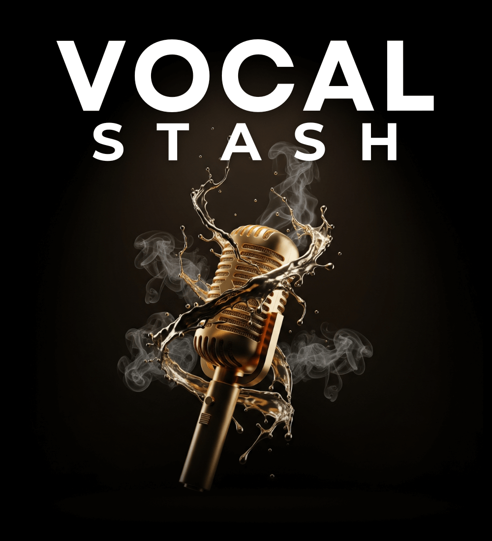 Vocal Stash Bundle showcasing a vintage microphone with splashes of liquid and smoke effects.