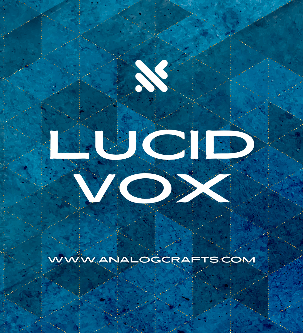 Lucid Vox logo on a blue geometric background, promoting a collection of spoken word recordings.