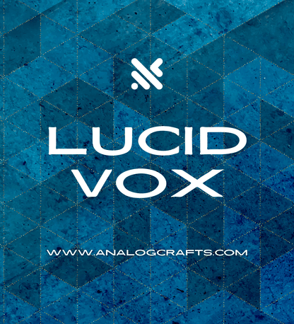 Lucid Vox logo on a blue geometric background, promoting a collection of spoken word recordings.