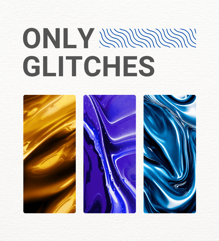 Only Glitches image featuring three vibrant textures in gold, purple, and blue for electronic music creation.