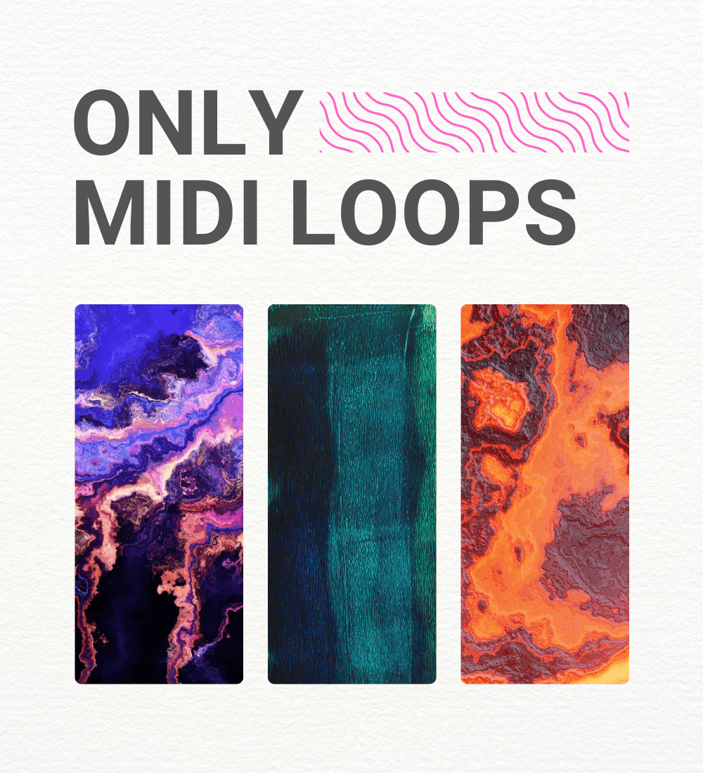 Image showcasing the ONLY MIDI LOOPS product, featuring colorful abstract designs and vibrant textures.