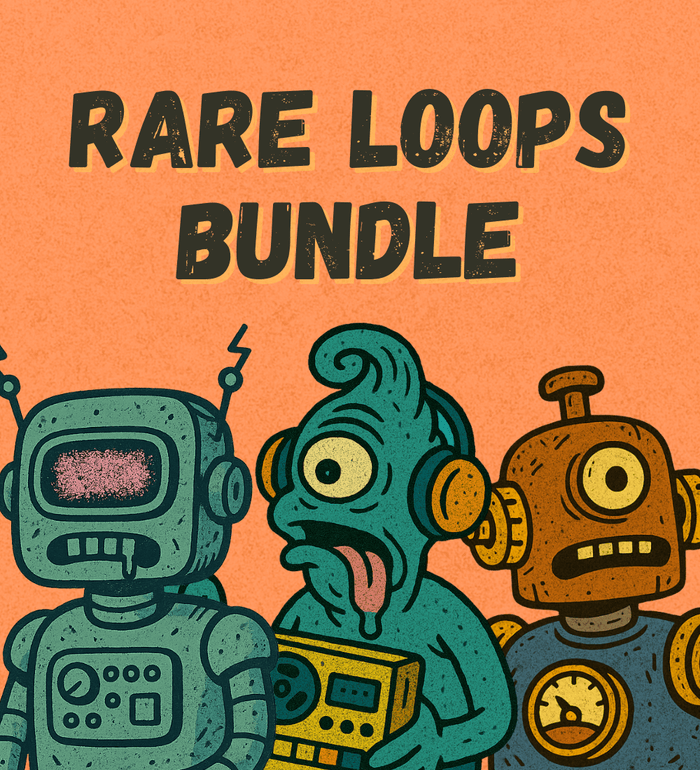 Colorful illustration of robots promoting the Rare Loops Bundle for unique sound design and creativity.