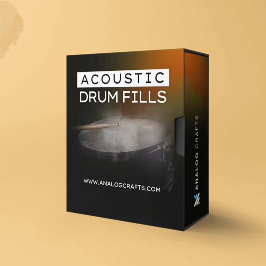 Acoustic Drum Fills bundle product packaging on a beige background showcasing professional drum fills.