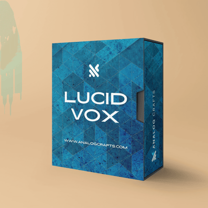 Lucid Vox product packaging featuring a vibrant blue design by Analog Crafts.