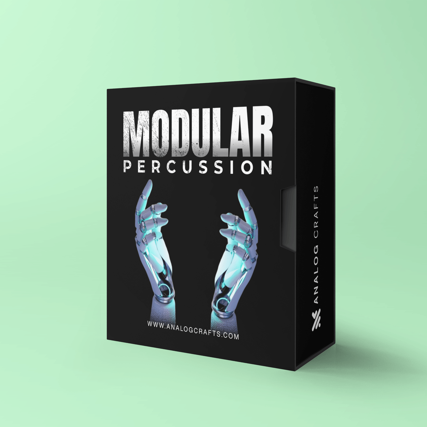 Image of Modular Percussion Bundle product package featuring robotic hands on a black box with Analog Crafts website.
