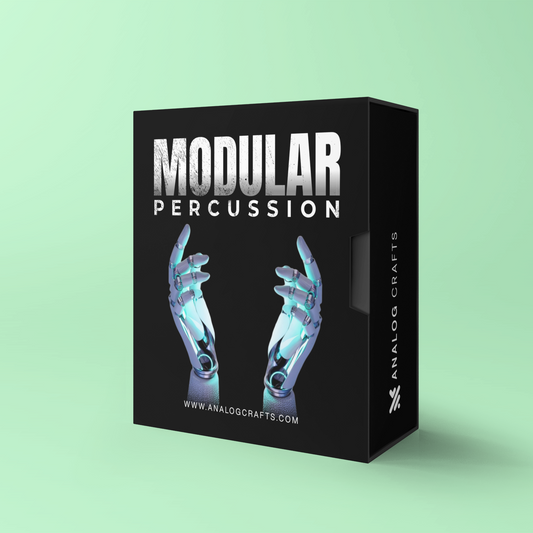 Image of Modular Percussion Bundle product package featuring robotic hands on a black box with Analog Crafts website.