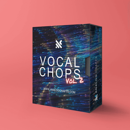 Vocal Chops Vol. 2 product box showcasing vibrant design for energetic vocal sequences.