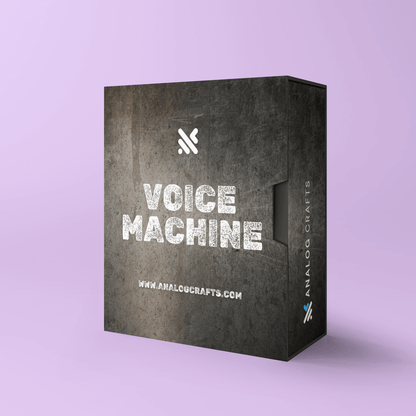 Voice Machine product packaging showcasing AI-processed vocals for electronic music production.