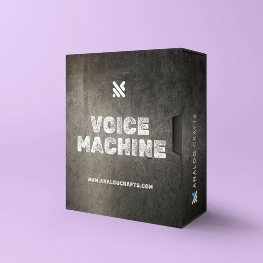 Voice Machine product packaging showcasing AI-processed vocals for electronic music production.